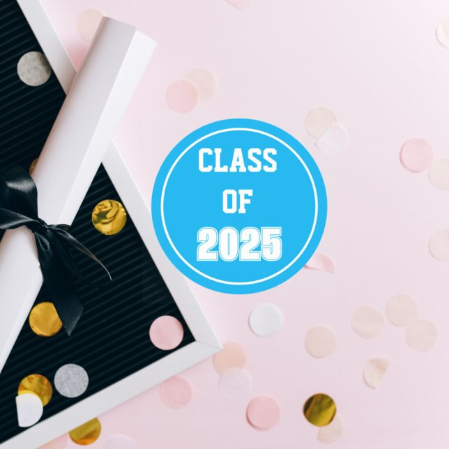 Sky Blue and White School Colours Class Year Classic Round Sticker (In Situ Graduation)