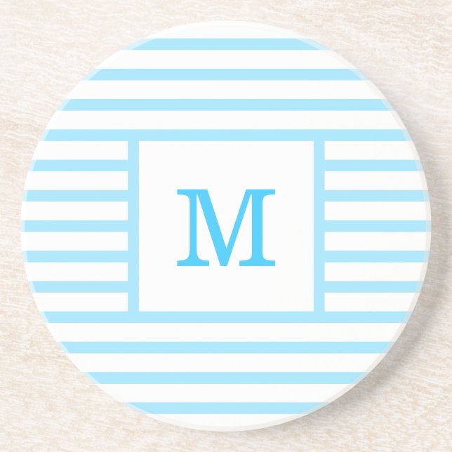 Sky Blue and White Stripes Custom Monogram Coaster (Front)