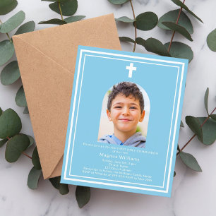 Sky blue arch photo boy First Communion invitation