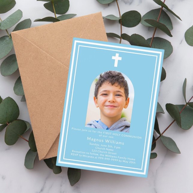 Sky blue arch photo boy First Holy Communion Invitation (Creator Uploaded)
