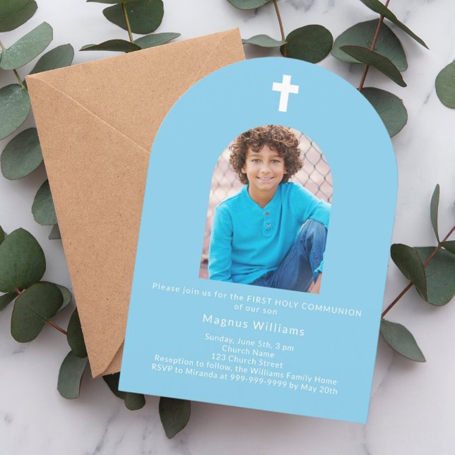 Sky blue arch photo boy First Holy Communion  Invitation (Creator Uploaded)