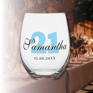 Sky Blue Birthday Number | Black 3D Name Date Stemless Wine Glass