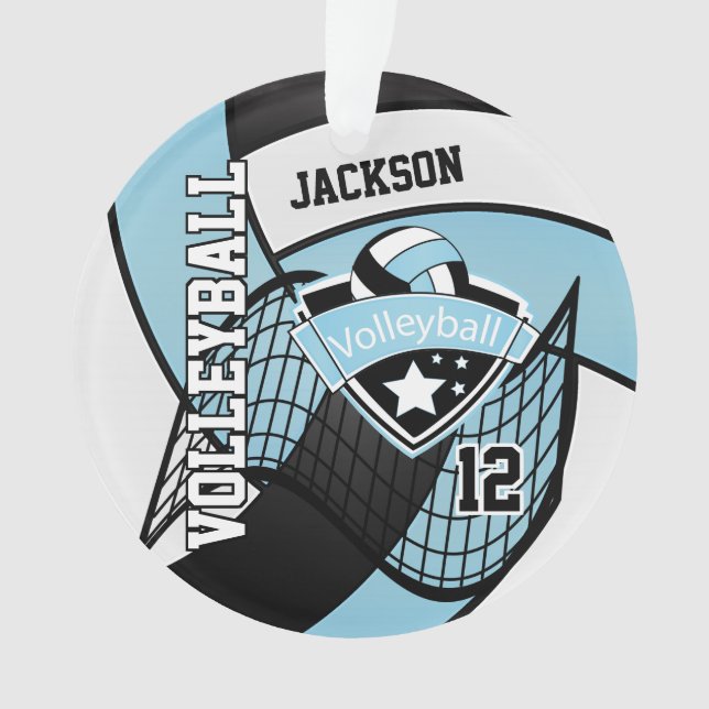 Sky Blue, Black and White Volleyball  🏐❤ Ornament (Front)