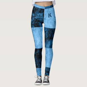 Sky Blue Black Grunge Tiles Monogram Personalised Leggings