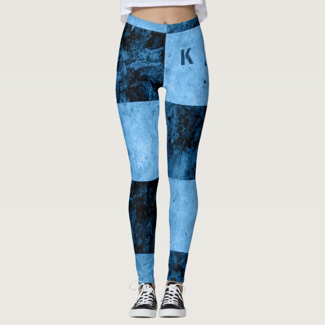 Sky Blue Black Grunge Tiles Monogram Personalised Leggings (Front)