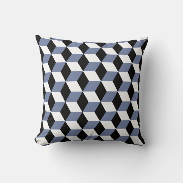 Sky Blue Black & White 3D Cubes Pattern Cushion (Front)