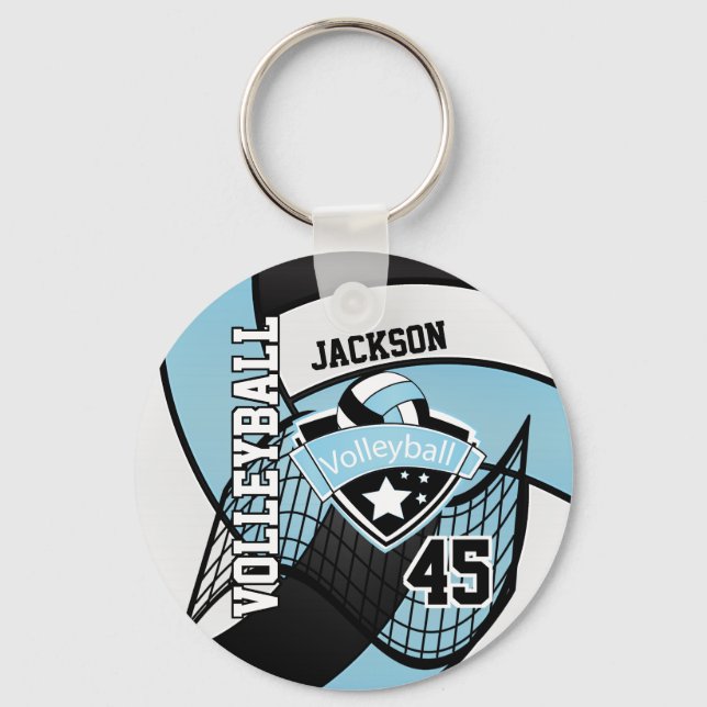 Sky Blue, Black & White Volleyball   Key Ring (Front)
