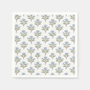 Sky Blue Block Print Floral, Olive Green Napkin