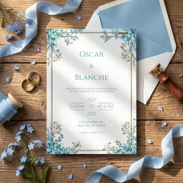 Sky Blue Blossom Elegant Gold Frame Wedding Invitation (Creator Uploaded)