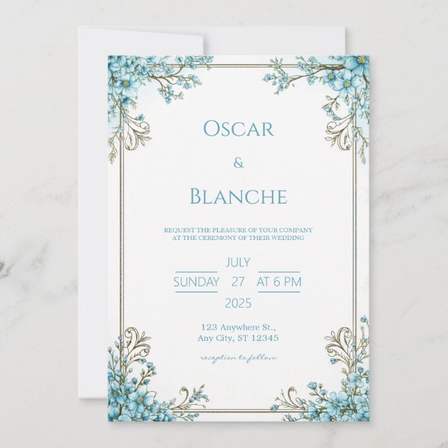 Sky Blue Blossom Elegant Gold Frame Wedding Invitation (Front)