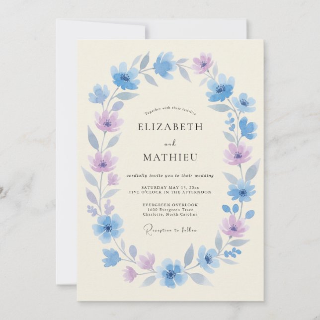 Sky Blue Blossom Laurel Wedding Invitation (Front)