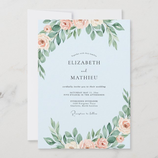 Sky Blue Blush Floral Wedding Invitation (Front)