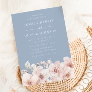 Sky Blue & Blush Watercolor Floral Wedding Invitation