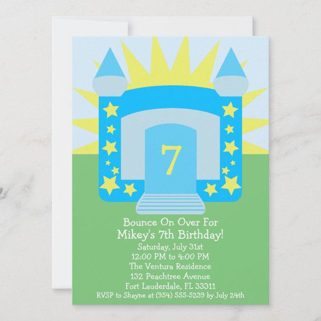 Sky Blue Bounce On Over Moon Bounce Birthday Party Invitation (Front)