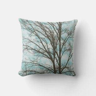 Sky Blue Brown Rustic Tree Branches Cushion
