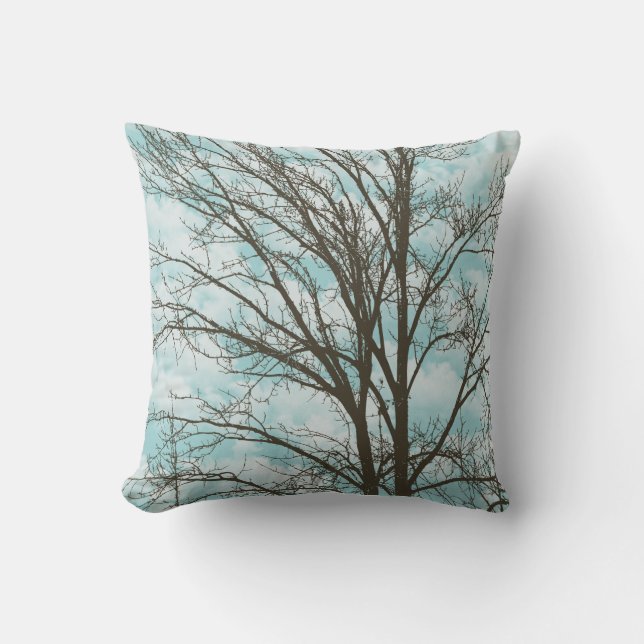 Sky Blue Brown Rustic Tree Branches Cushion (Front)