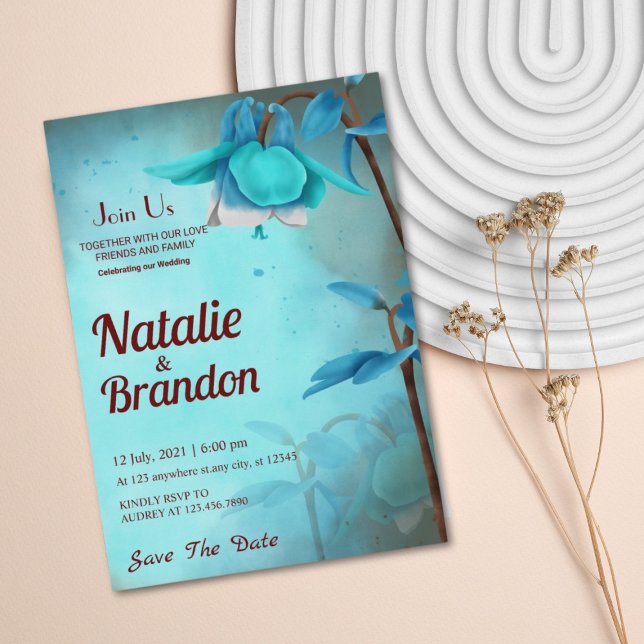 Sky Blue & Brown Wild Flower Save the Date wedding Invitation (Creator Uploaded)