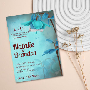 Sky Blue & Brown Wild Flower Save the Date wedding Invitation