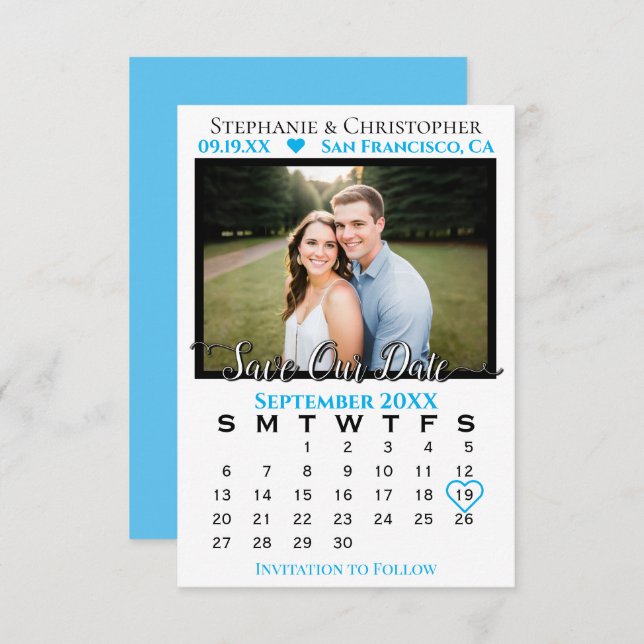 Sky Blue Calendar & Photo Wedding Save Our Date Card (Front/Back)