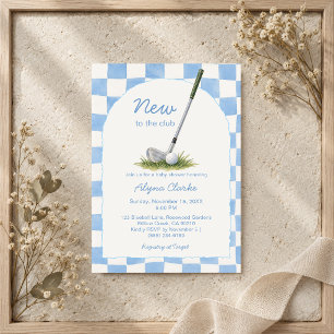 Sky Blue Check New to Golf Club Baby Shower Invitation