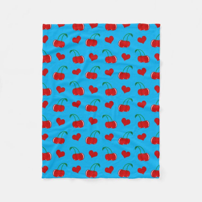 Sky blue cherry hearts fleece blanket (Front)