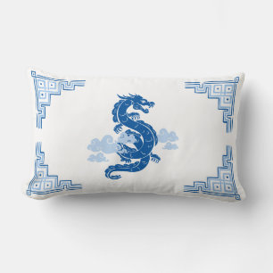 Sky Blue Chinoiserie Dragon and Clouds Lumbar Cushion