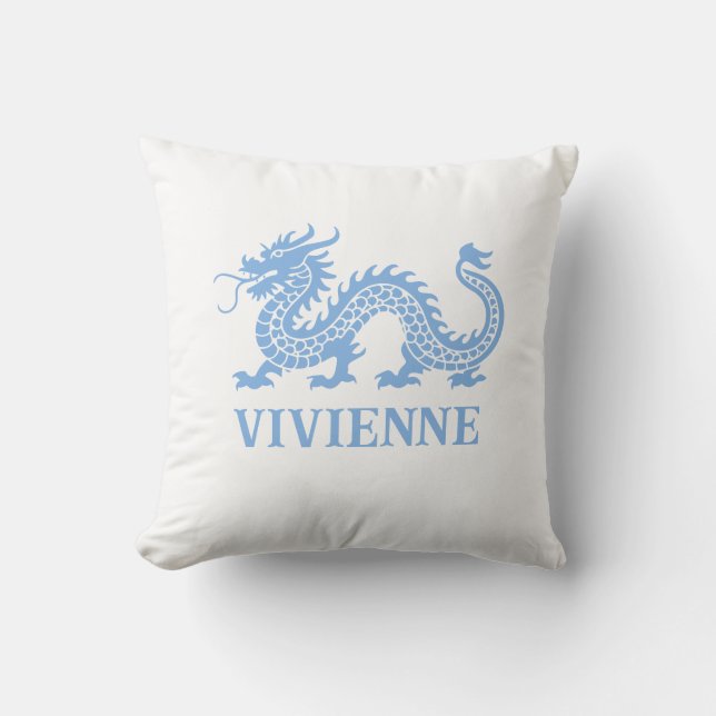 Sky Blue Chinoiserie Dragon Custom Name Cushion (Front)