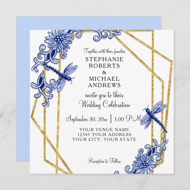 Sky Blue Chinoiserie Dragonfly Floral Watercolor Invitation (Front/Back)