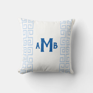 Sky Blue Chinoiserie Greek Key Stripe Monogram Cushion