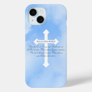 Sky Blue Christian Healing Bible Verse Cross iPhone 15 Case