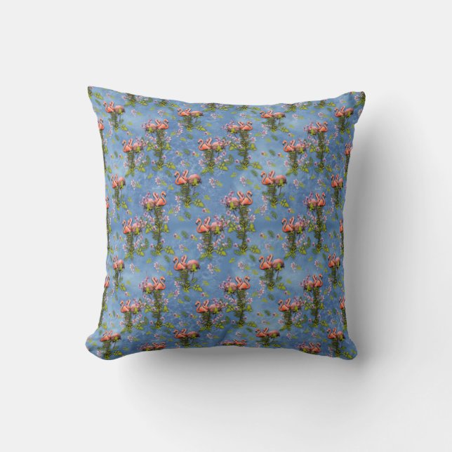 Sky blue cloudy and Flamingo's Repeat Print Cushion (Front)