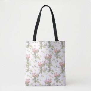 Sky blue cloudy and Flamingo's Repeat Print Tote Bag