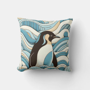 Sky Blue Cream Ocean Waves And Cute Penguin Cushion