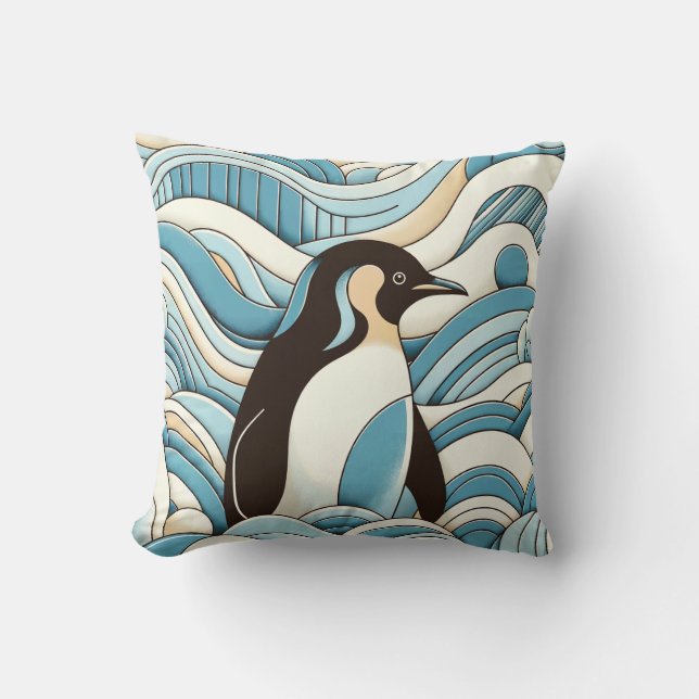 Sky Blue Cream Ocean Waves And Cute Penguin Cushion (Front)