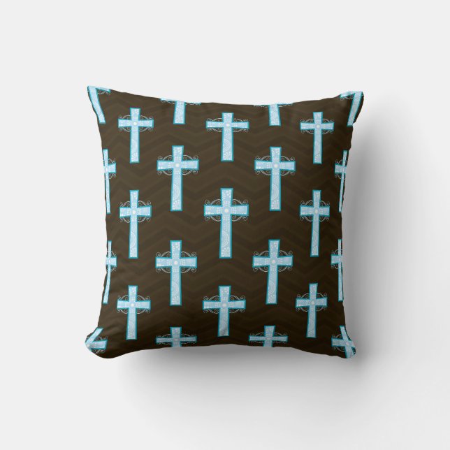 Sky Blue Cross on Brown Chevron Cushion (Front)