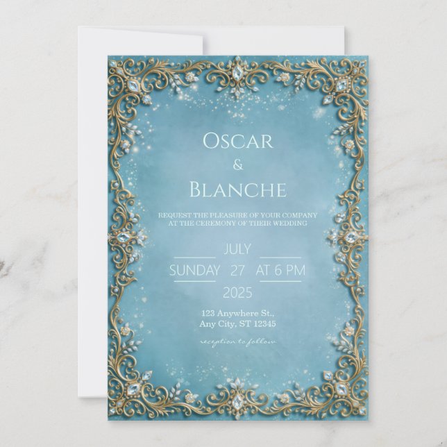 Sky Blue Crystal Filigree Frame Wedding Invitation (Front)