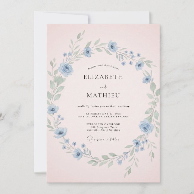 Sky Blue Dainty Blush Wildflower Wedding Invitation (Front)