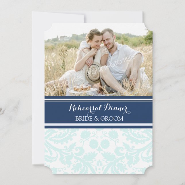 Sky Blue Damask Photo Rehearsal Dinner Party Invitation (Front)