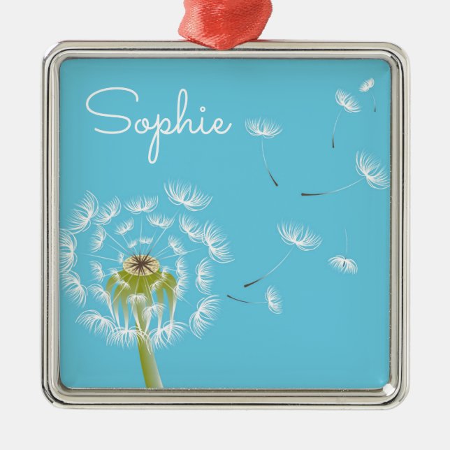 Sky Blue dandelion floral  personal name Metal Ornament (Front)