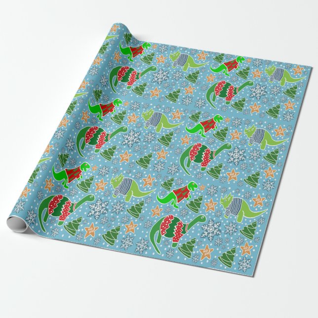 Sky-Blue Dinosaur Christmas  Wrapping Paper (Unrolled)