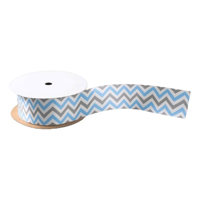Sky Blue, Dk Grey Wht Large Chevron ZigZag Pattern Satin Ribbon (Spool)