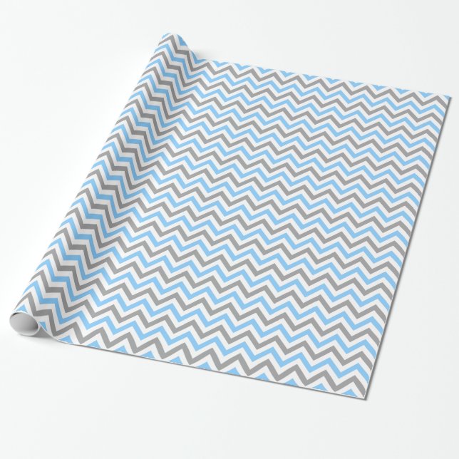 Sky Blue, Dk Grey Wht Large Chevron ZigZag Pattern Wrapping Paper (Unrolled)