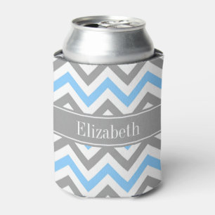 Sky Blue Dk Grey Wht LG Chevron Grey Name Monogram Can Cooler
