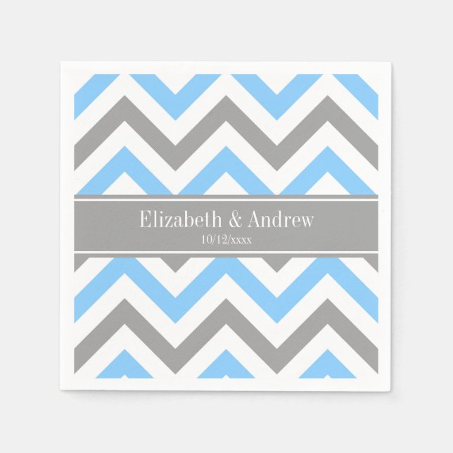 Sky Blue Dk Grey Wht LG Chevron Grey Name Monogram Napkin (Front)
