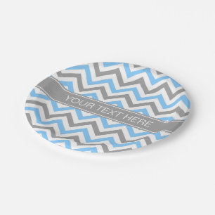 Sky Blue Dk Grey Wht LG Chevron Grey Name Monogram Paper Plate