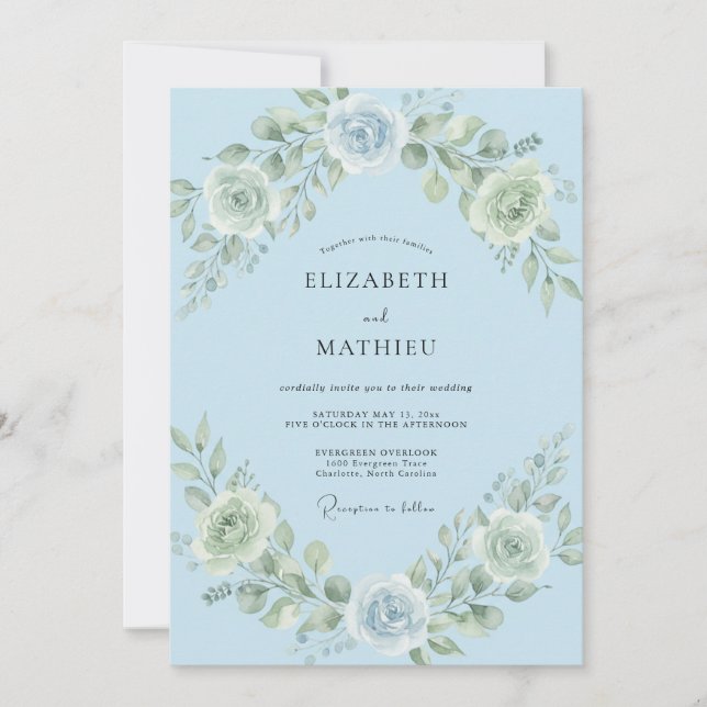 Sky Blue Elegant Blossom Wedding Invitation (Front)