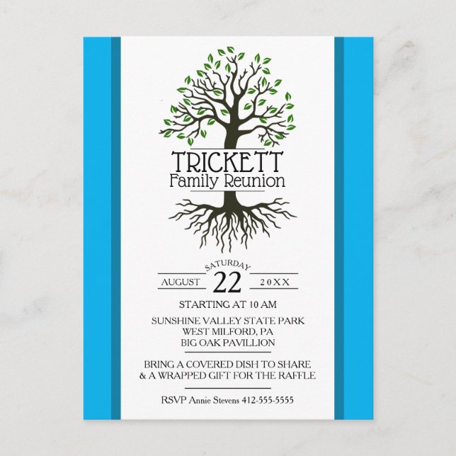 Sky Blue Family Tree Family Reunion Invitation Postcard (Front)
