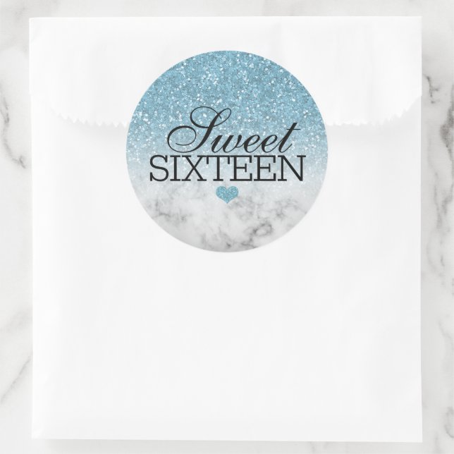 Sky Blue Faux Glitter/Marble Sweet 16 Classic Round Sticker (Bag)