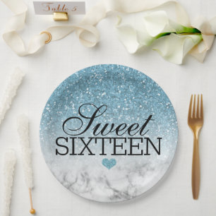 Sky Blue Faux Glitter/Marble Sweet 16 Paper Plate