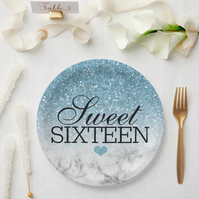 Sky Blue Faux Glitter/Marble Sweet 16 Paper Plate (Wedding)